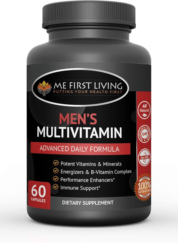 Me First Living Men's Daily Multivitamin/Multimineral con Vitamine A, C, E, D, B1, B2, B3, B5, B6, B12, Magnesio, Biotina, Spirulina, Zinco e Altro - 60 Multivitaminici
