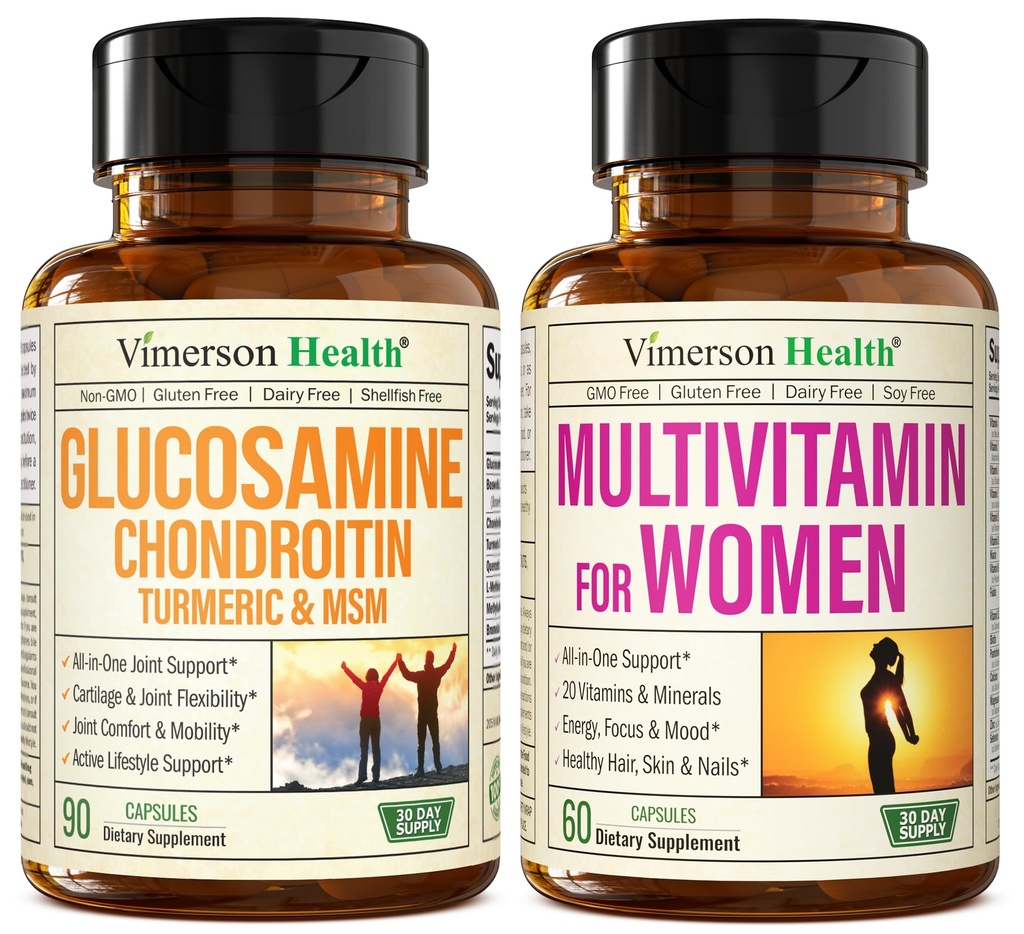 Glucosamina Chondroitin Turmeric + Multivitamina per le donne 2-Bottle Supplement Bundle per Lei. Risposta immunitaria sana, Supporto congiunto, Proprietà antiossidanti