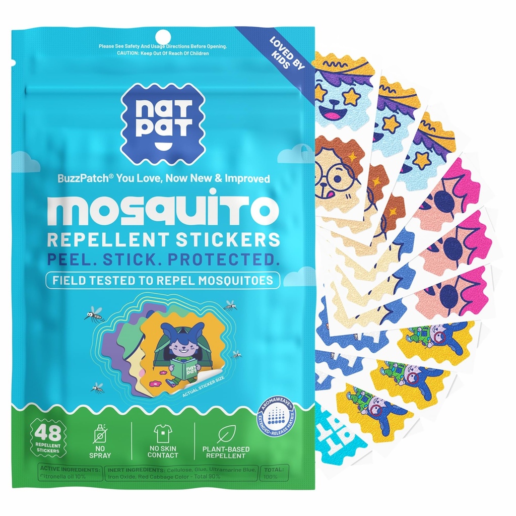 NATPAT Buzz Patch Mosquito Patch Adesivi per bambini - Ingredienti basati sulle piante, Non tossico - Il Patch originale Tutto Naturale Citronella Essential Oil Insetto, DEET Free, per i bambini, Bambini (60 Pack)