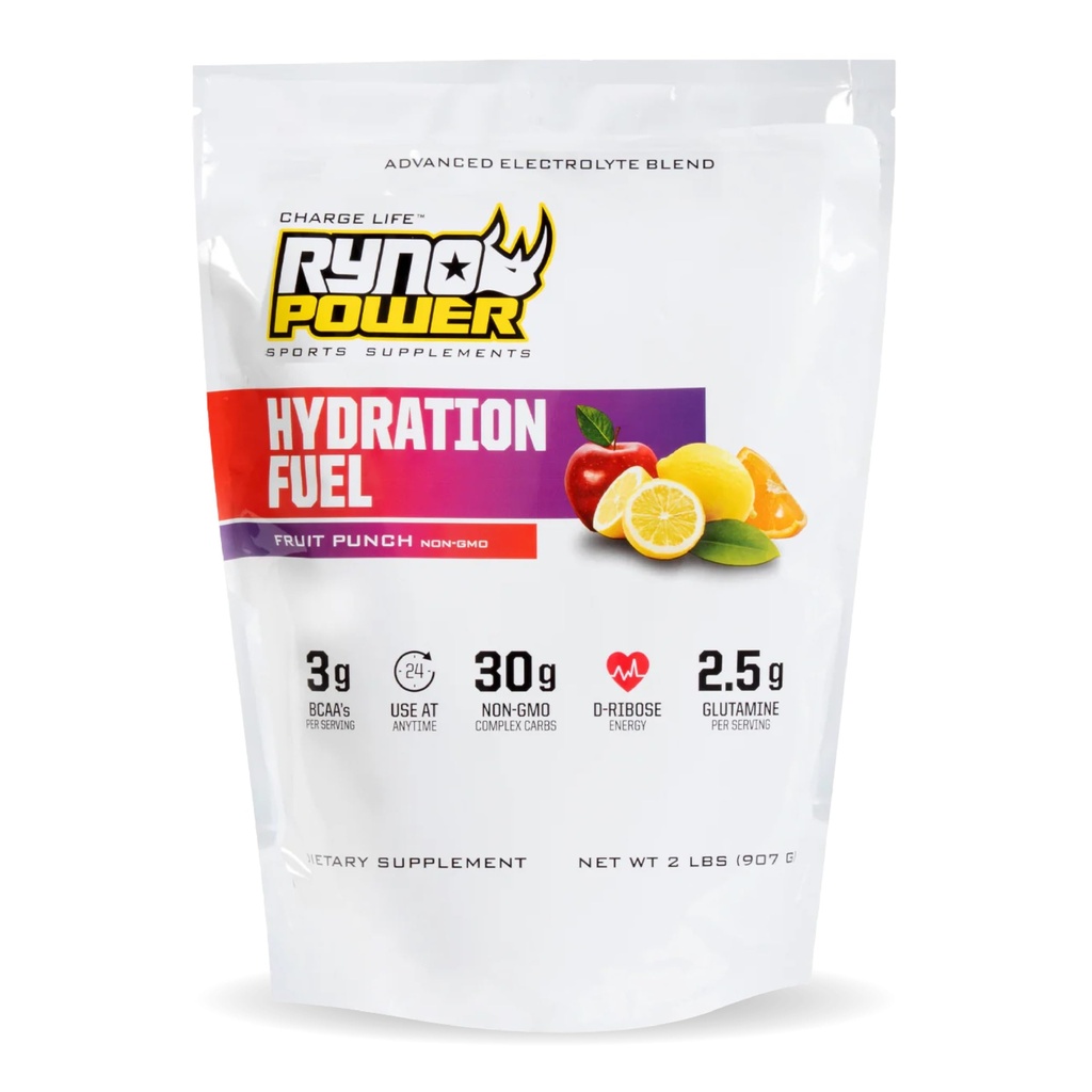 Ryno Power Hydration Fuel Electrolyte Drink Mix 2lb (20 Serve) 'Fruit Punch' - Advanced Electrolyte Formula + BCAA's - Gluten Free - Sostenuto Energy and Muscle Recovery