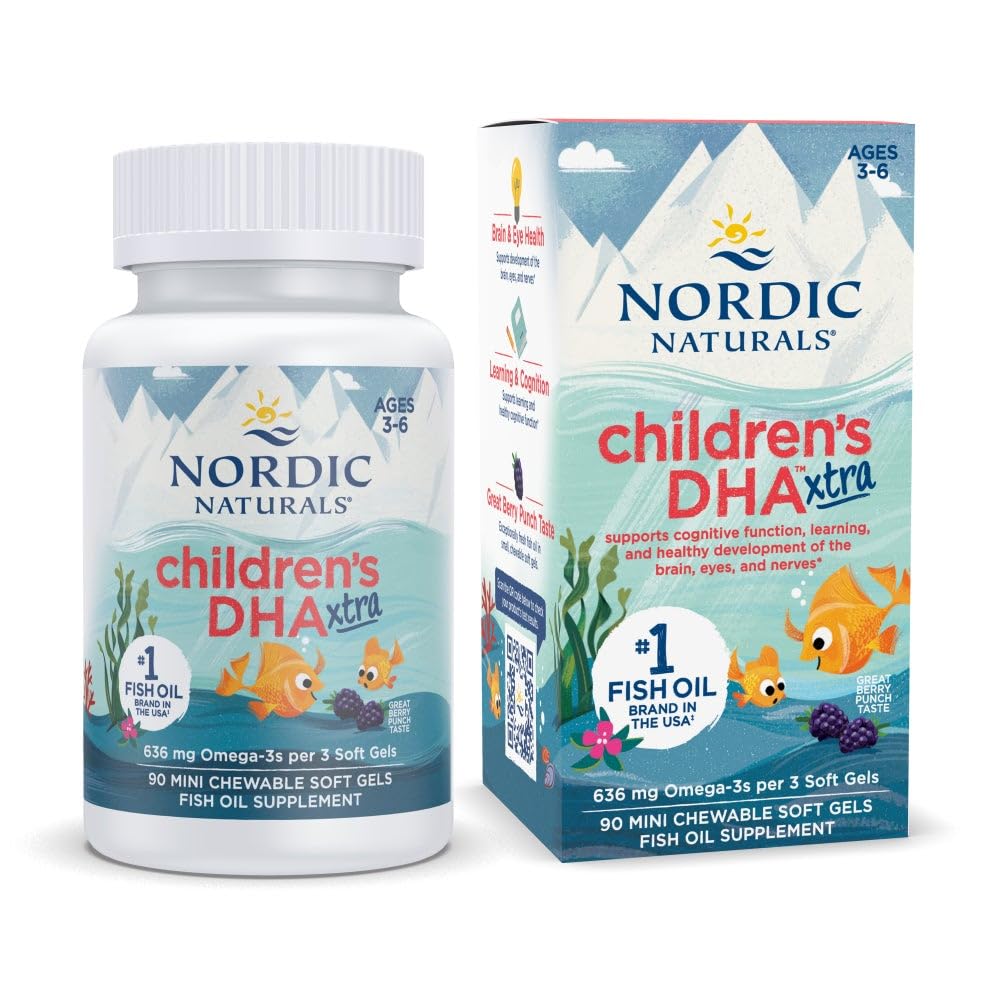 Nordic Naturals DHA Xtra per bambini, Berry Punch - 90 Mini Chewable Soft Gel per bambini - 636 mg Omega-3s EPA & DHA - Funzione cognitiva e immunitaria, apprendimento, sviluppo sociale - Non-GMO - 30 Serve