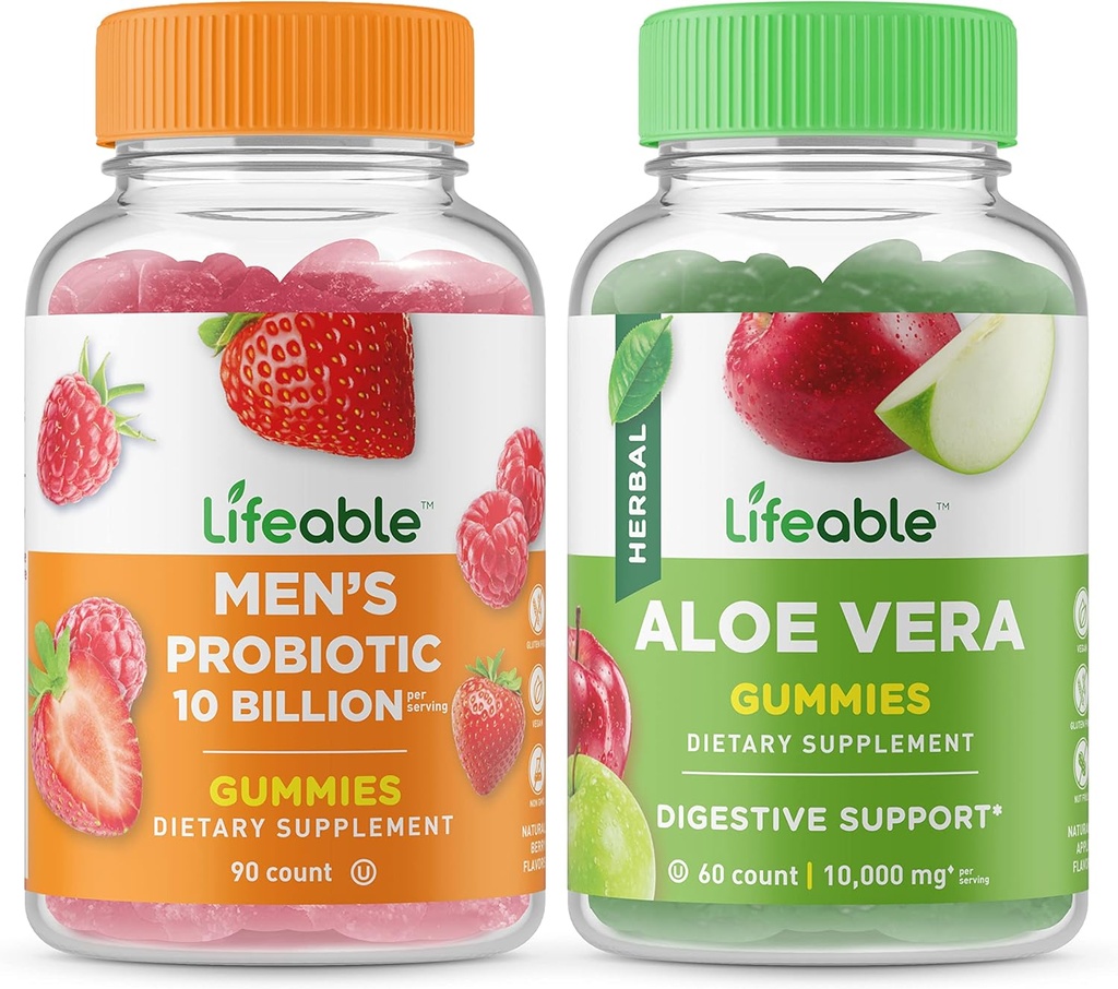 Probiotico da uomo di vita 10 miliardi + Aloe Vera, Gummies Bundle - Grande degustazione, Supplemento di vitamina, Senza glutine, OGM libero, pancia masticabile