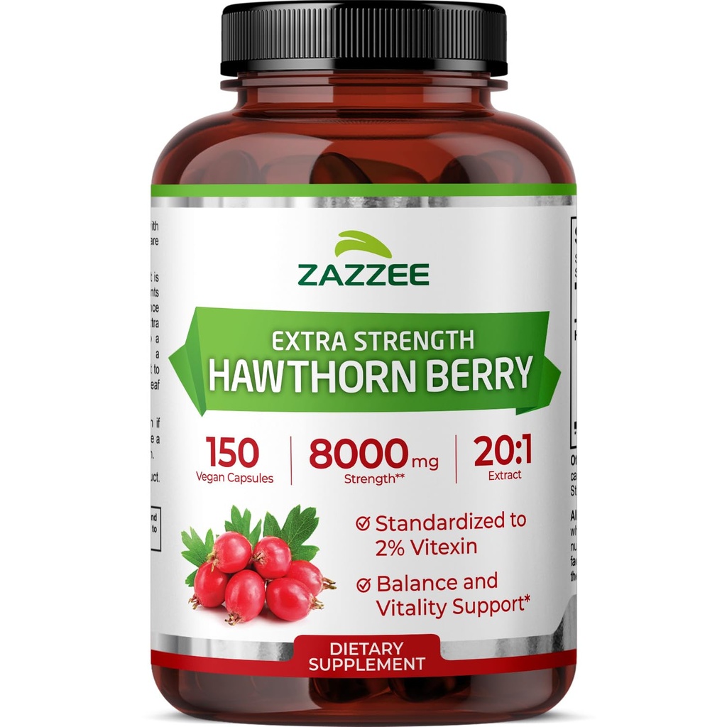 Zazzee Extra Forza Hawthorn Berry 20:1 Estratto, 8000 mg di resistenza, 2% Vitexin, 150 capsule vegane, 5 mesi di fornitura, Concentrato e standardizzato Potent 20X estratto, Non-OGM e All-Natural