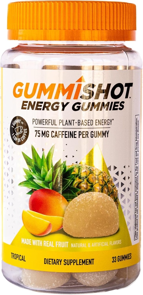 GummiShot Energy Gummies, 2475mg di Chews di Caffeina per Bottiglia, Booster di energia duratura lunga, Tropicale (33ct)