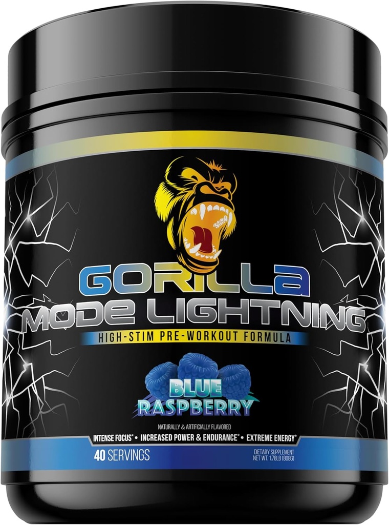Gorilla Mode Lightning Pre-Workout - Extreme Energy · Laser Focus · Pompe potenti · Peak Performance - 550mg Caffeina, 13500mg L-Tyrosine, Alpha-GPC– 808g (Blue Raspberry)