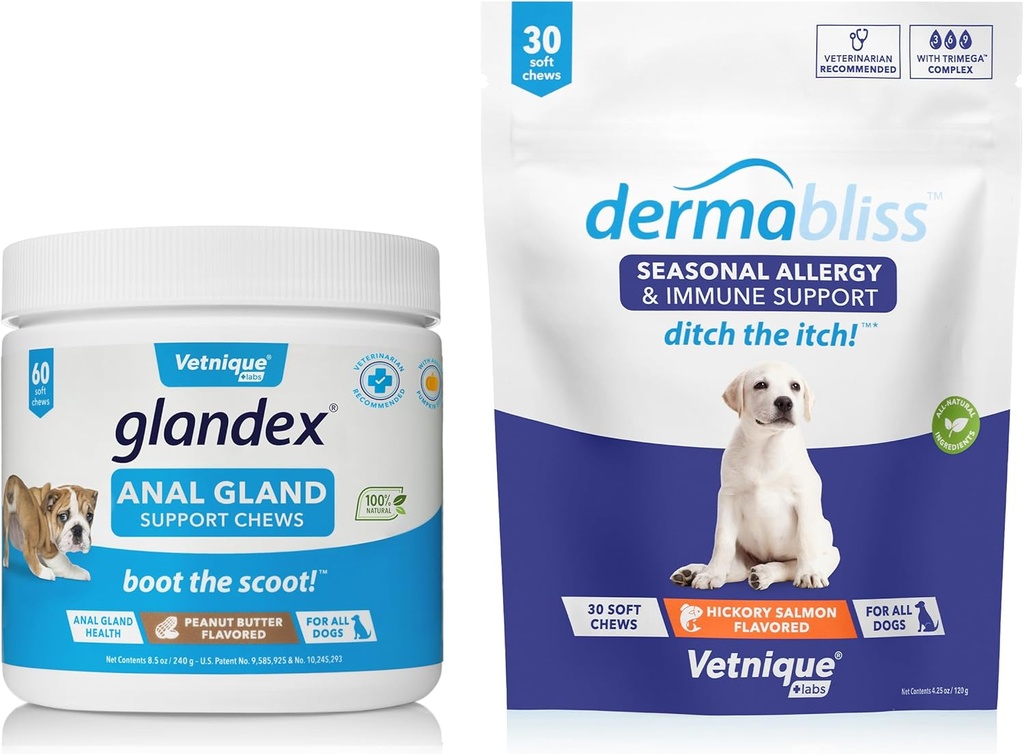 Vetnique Labs Dermabliss Allergy Chews 30 Ct e Glandex Anal Gland Support Chews 60 Ct Bundle Dog Vitamins & Supplements, Anal Gland Dog Treats with Probiotics, Dog Allergies Trattamento della pelle Mastica morbida