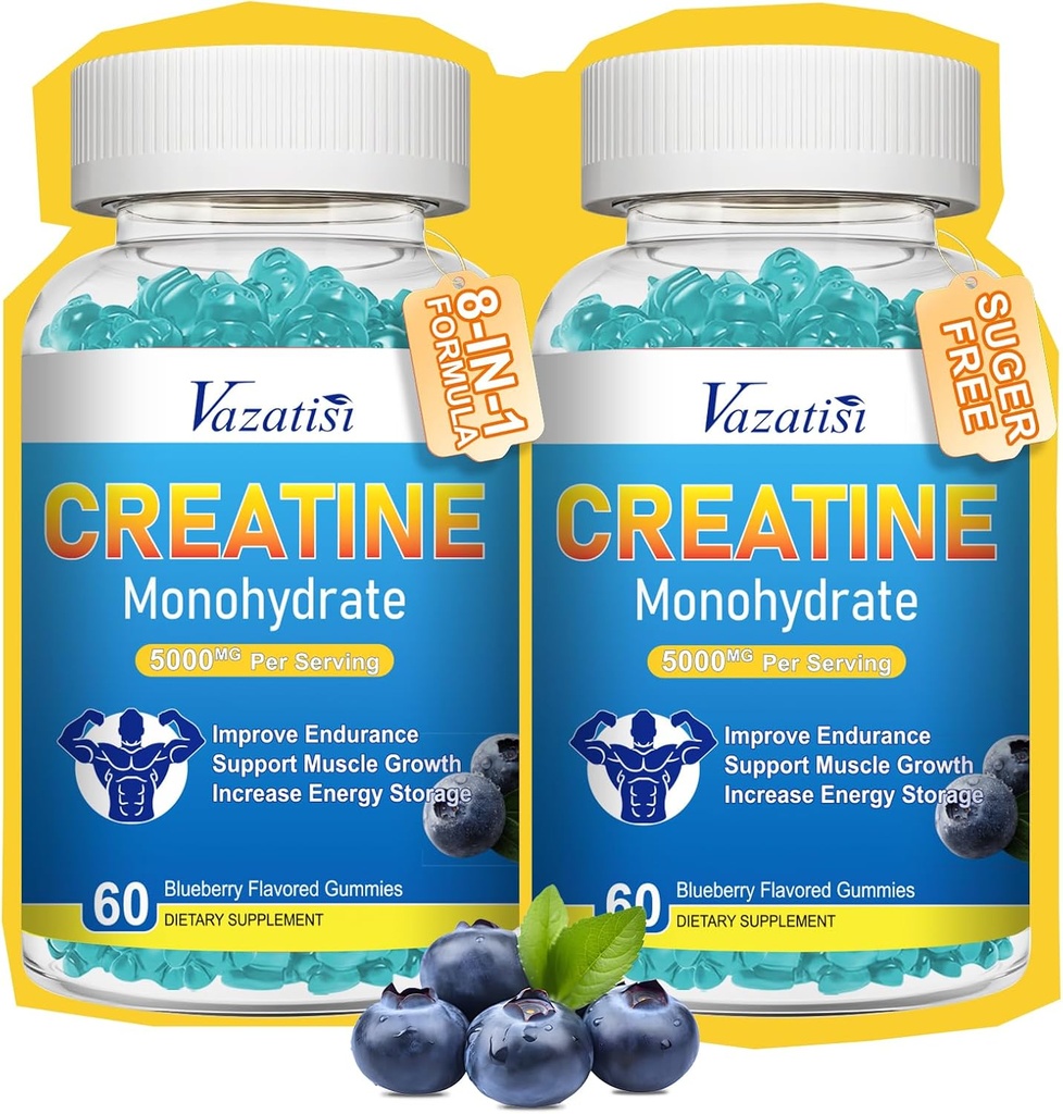 2 Confezione Creatina Monoidrato Gummies per le donne e gli uomini, Zucchero Free Vegan Creatina Supplemento per la costruzione di muscoli, Aumenta l'energia e la forza, Blueberry Flavor, 120 Conte