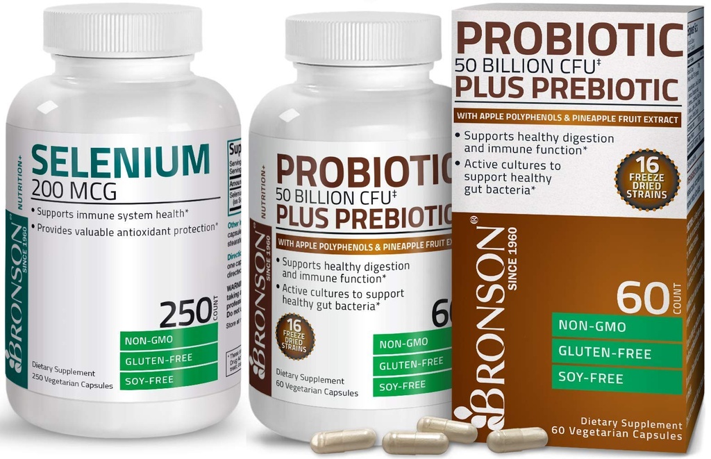 Bronson Probiotic 50 miliardi di CFU + Prebiotico con mela polifenoli & Ananas Estratto di frutta + Selenio 200 Mcg per sistema immunitario, tiroide, prostata e salute del cuore