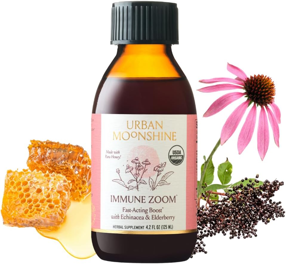 Urban Moonshine Immune Zoom - Boost Immunity Fast-Acting - Organic Elderberry Syrup - Echinacea - Raw Honey - Certified Organic - Natural - 4.2 Fl Oz