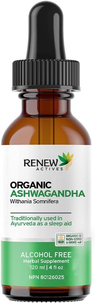 Renew Actives Organic Ashwagandha Liquid 220MG per 2 ml– Formula di assorbimento rapido per funzione cognitiva, Memoria, Energia, Stress, Sleep & Immune Health & Mental Clarity – Made in Canada - 120 ml