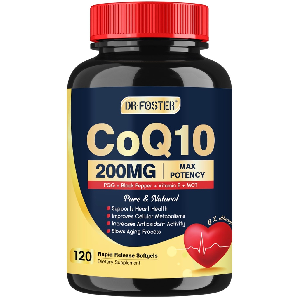 DRFOSTER Coq10 200mg, Coenzyme Q10 per la produzione di energia e antiossidante, 6X di assorbimento superiore Cq10 con vitamina E & PQQ & Black Pepper Extract, Co q 10 Supplement 120 Servings