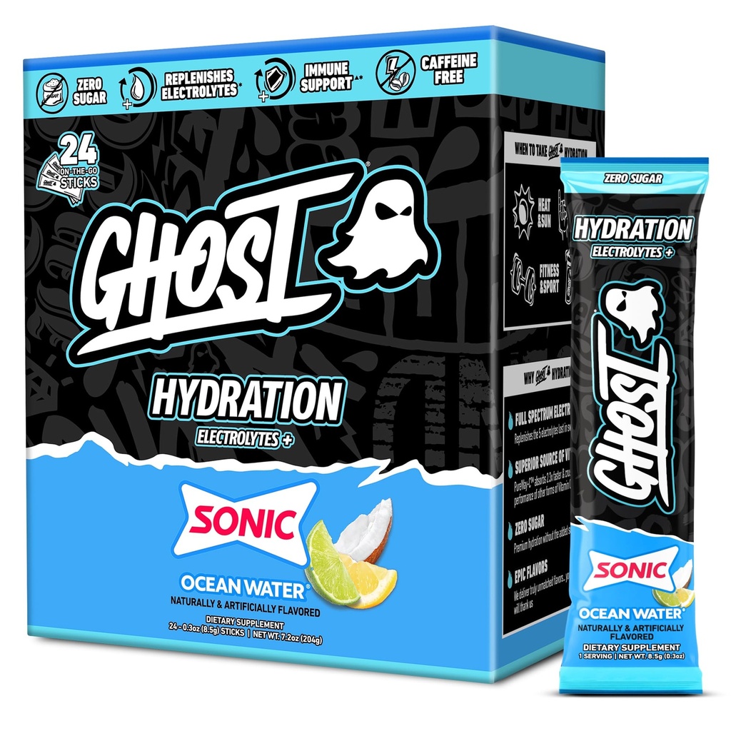 GHOST Hydration Packets, Sonic Ocean Water, 24 Sticks, Polvere di elettrolito - Bere miscela supplemento con magnesio, potassio, calcio, vitamina C - Vegan, senza soia, zucchero e glutine