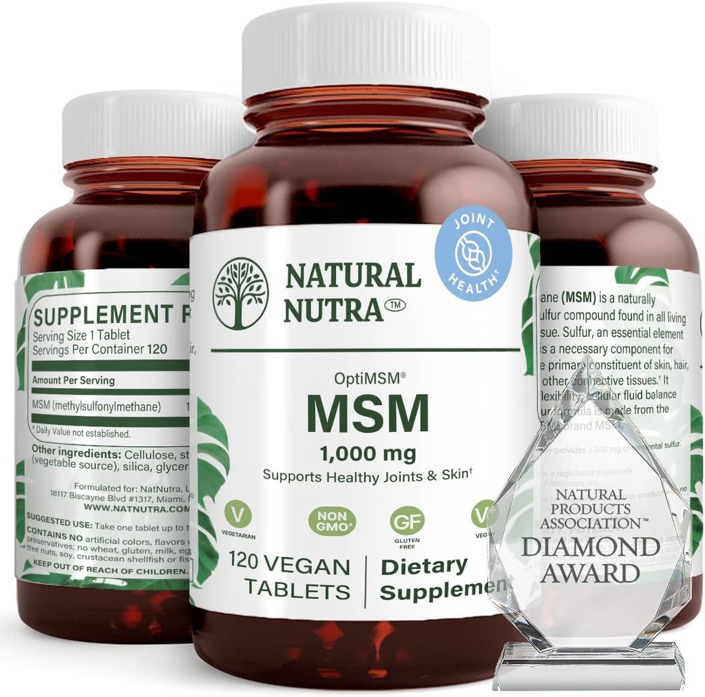 Natural Nutra OptiMSM, Integratore MSM con lo zolfo, Prevenire Capelli di tintura, Aumentare la Flessibilità Giunta e la Salute del Bone, Salute del Cartilage, Aiuta Supporti Equilibrio Fluido, 1000 mg, (120) Compresse Vegane
