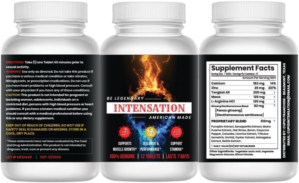 INTENSAZIONE - Supplemento maschile - Tutto Supporto Stamina Naturale - Ultimo più lungo - Aumentare la dimensione, Forza & Stamina - Migliorare il livello di energia - Ottimizzare la vitalità - 12 compresse