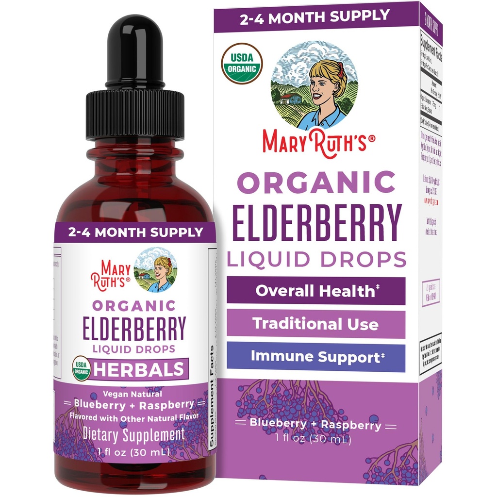 MaryRuth Organics Elderberry Syrup | USDA Organic | Sugar Free Immune Support Supplemento per Adulti & Bambini, Età 1 | Vegan, Non OGM, Booster Immune, Clean Label Project Verificato | 1 Fl Oz