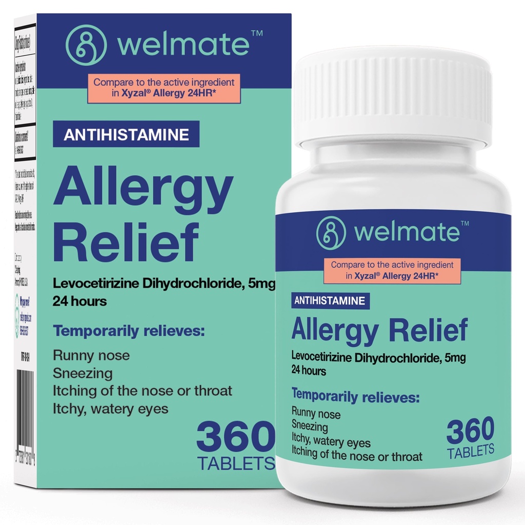 WELMATE - Levocetirizine Dihydrochloride 5mg (360 ct) - Non Drowsy Allergy Medicine - 24 ore - Antihistamine - Pillole di Allergia Generico - Medicina Over-The-Counter