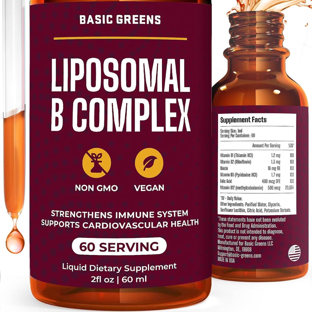 Liposomal B Vitamins Complex Liquido – Alto assorbimento per l'energia, la salute del cervello e della pelle, capelli e chiodi, Advanced Liposomal Delivery, Vegan, Non OGM, 2 Fl Oz