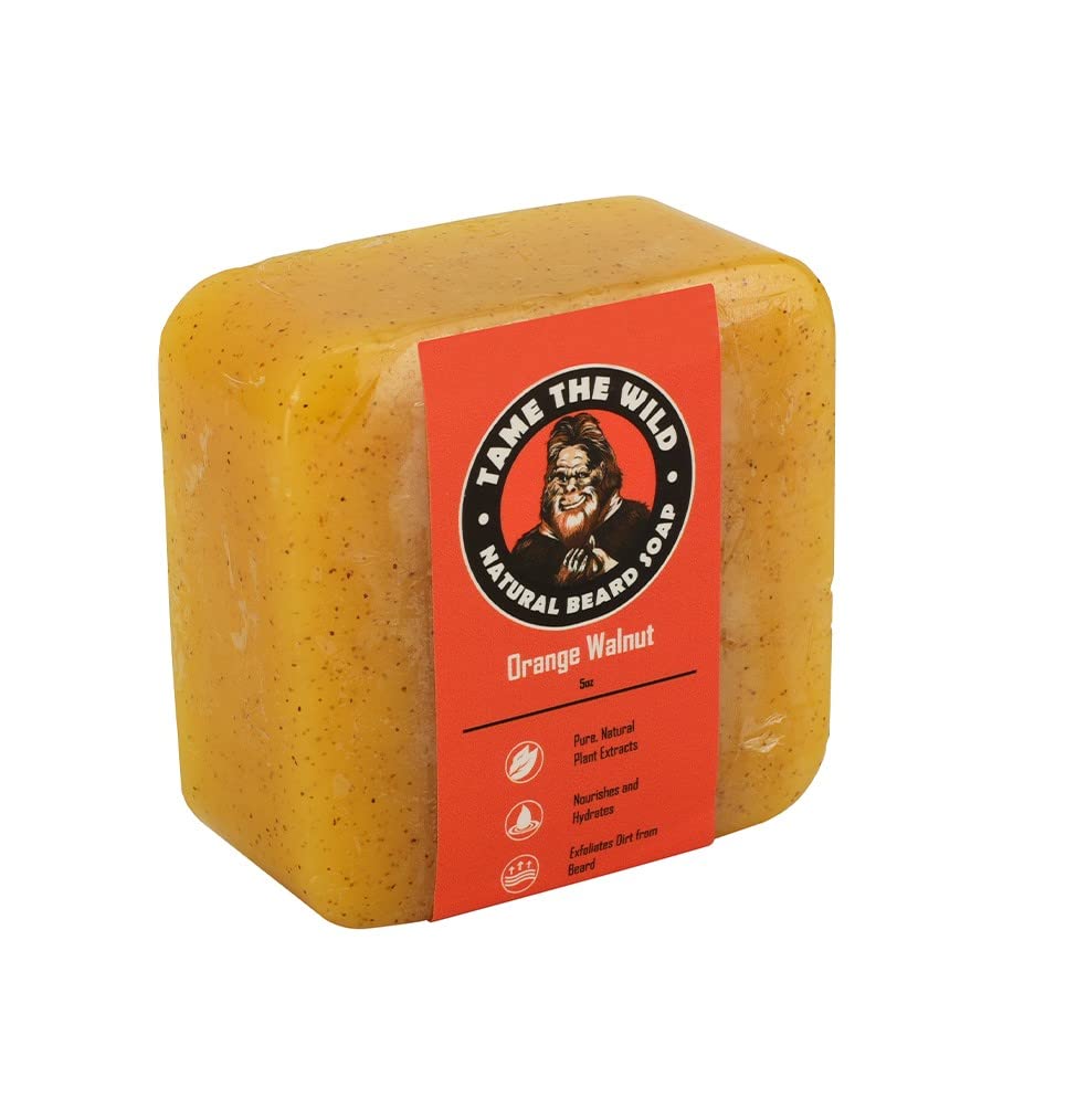 TAME THE WILD Orange Walnut Beard Soap Bar - 5 oz Exfoliating Beard Wash and Face Scrub - Burro di Karitè e Detergente per olio di cocco - Idrating Grooming Soap - Regali per il giorno del papà