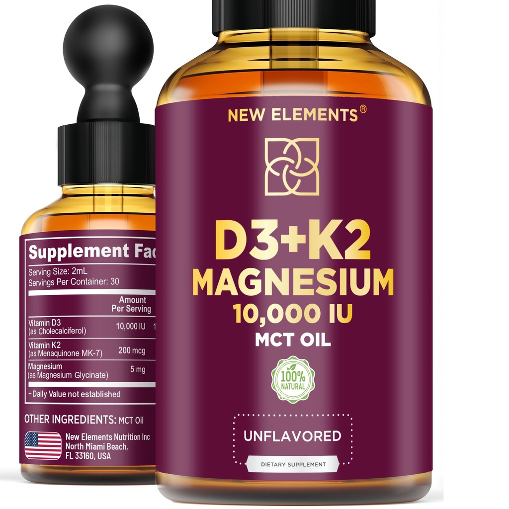 Vitamina liquida D3 con K2 & Magnesio Glycinate | Vitamina D Drops 10.000 IU | Vitamina K2 200mcg Mk7 | Vitamina D3 + K2 Supplemento per gli uomini e le donne | Alto assorbimento | Olio MCT | Gluten Free | Non OGM