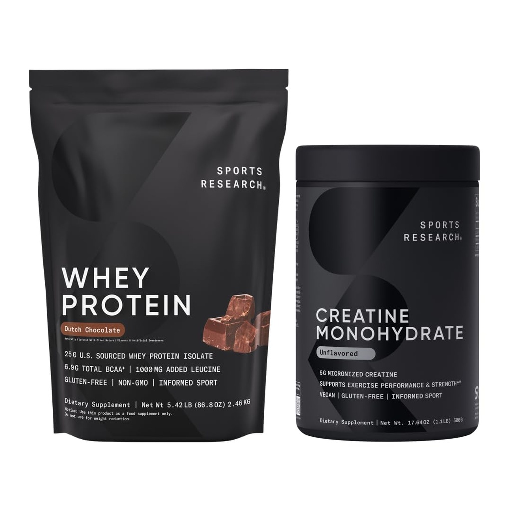 Sport Research® Creatine Monohydrate (1.1 LBS) e Olandese Chocolate Whey Protein (5.42 LBS), The Dynamic Duo for Lean Muscle Building, Miglioramento delle prestazioni e della resistenza & Workout Recovery