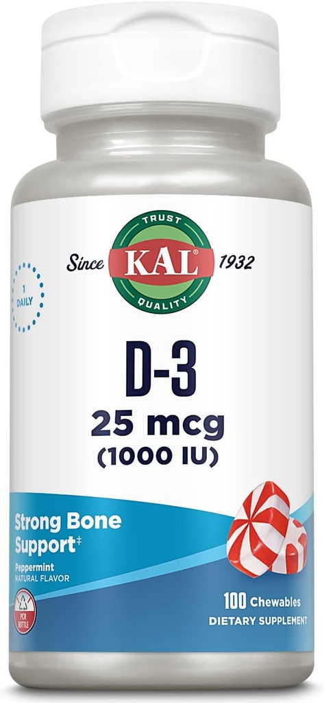 KAL Vitamina D3 1000 IU 25 mcg, Vitamina D Chewables, Assorbimento di Calcio, Bone Salute e Supporto Immune Supplemento, Natural Peppermint Flavor, Addolcito con Xylitol, 100 Serve, 100 Chews