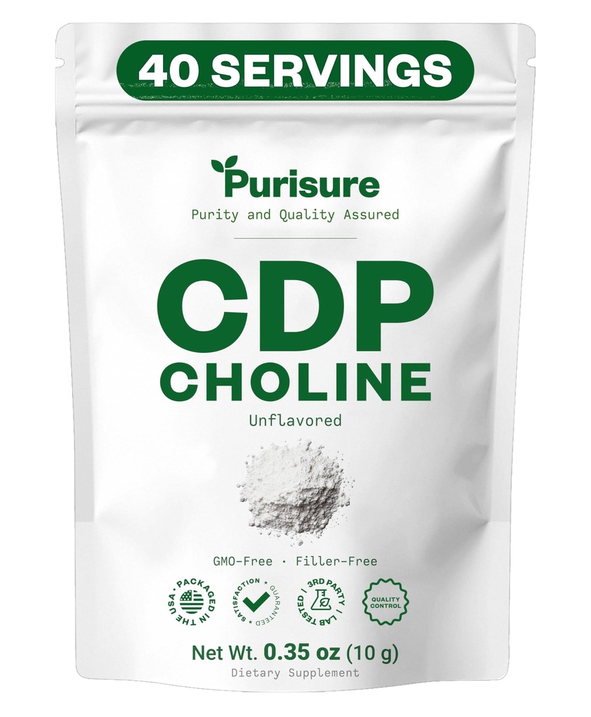 Polvere Cholina CDP, 10g, CDP Supplementi Choline che supportano l'attenzione, la messa a fuoco e l'energia, la polvere della citicolina per la funzione cognitiva, aumenta la motivazione e la produttività, 40 Serve