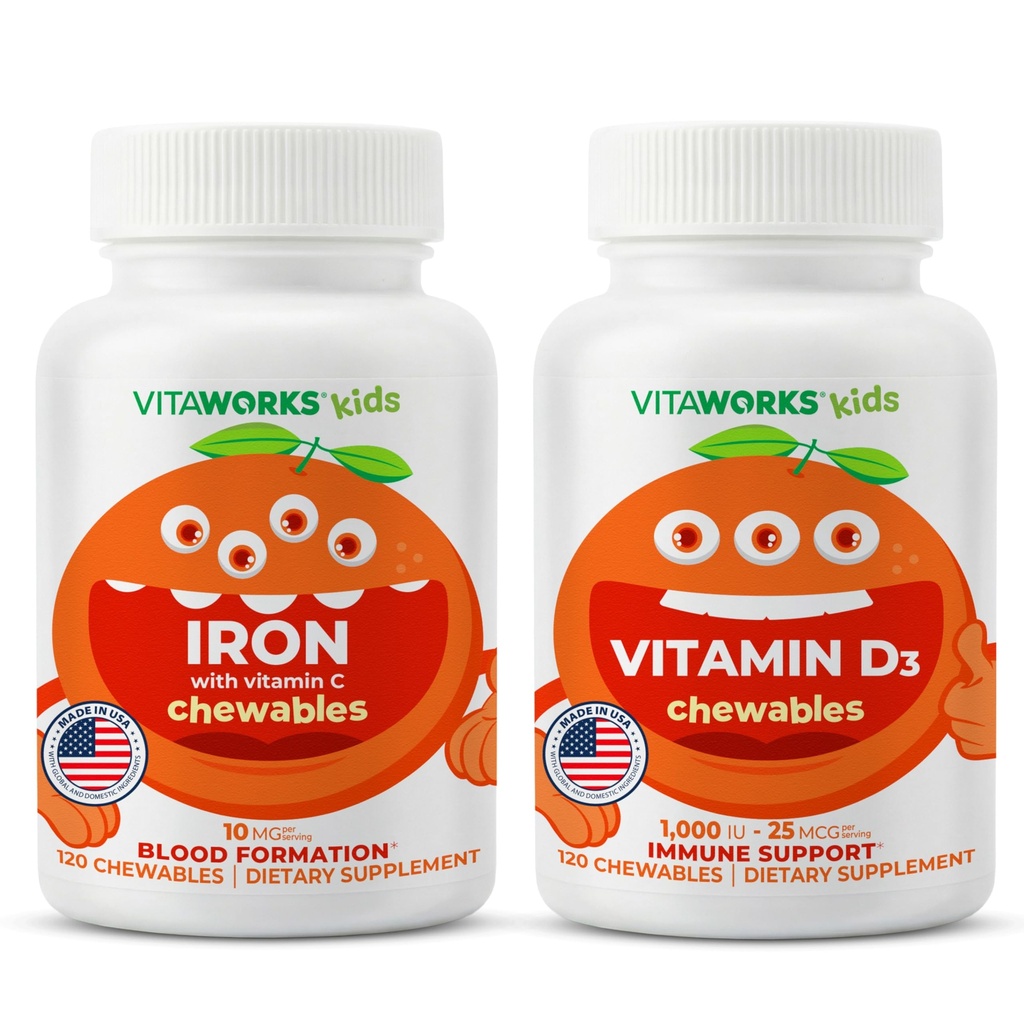 Bambini Iron 10mg + Vitamina C Chewables + Vitamina D3 1000 IU Chewables Bundle