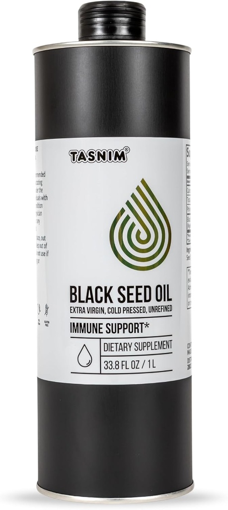 Tasnim Black Seed Oil (35.27 fl oz) | Pressato a freddo per il supporto immunitario (21% Thymoquinone) | Skin & Hair