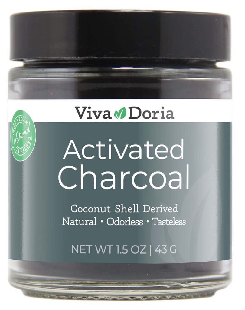 Viva Doria Vergine attivata polvere di carbone, guscio di cocco Derived, Grado alimentare, vaso di vetro da 1,5 Oz