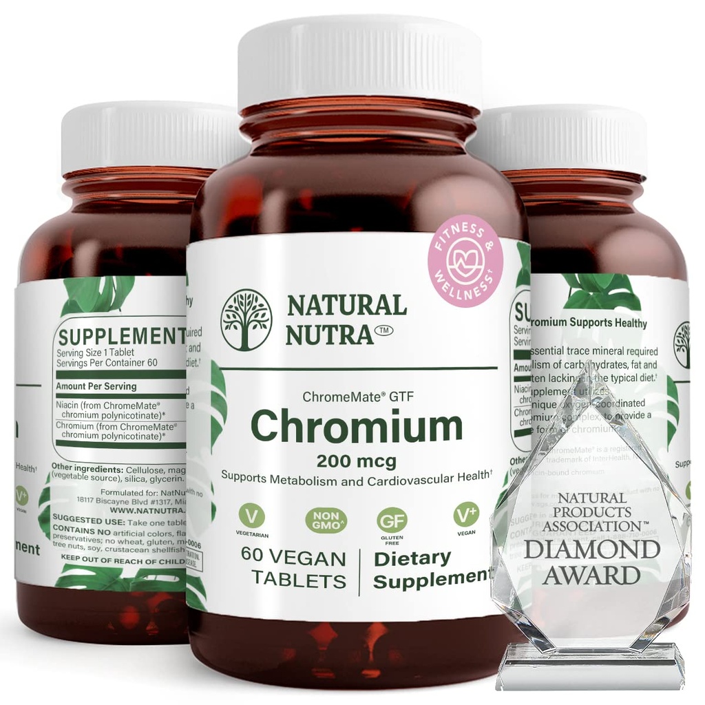 Natural Nutra GTF Chromium Polynicotinate con ChromeMate, Supporta il metabolismo del corpo, Promuovi la salute del corpo, Salute cardiovascolare 200 mcg, 60 compresse vegane
