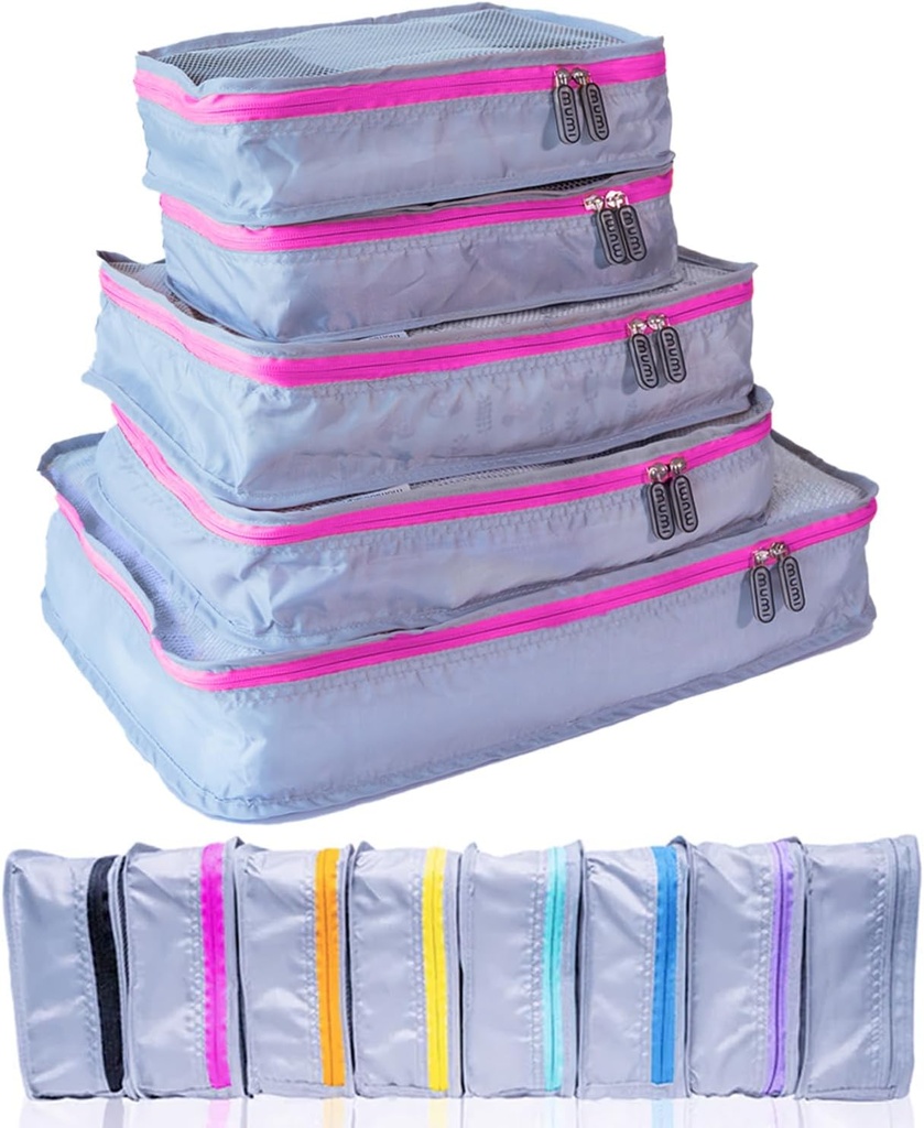 Cubi di imballaggio MUMI – Cubi di compressione a 5 pezzi per viaggi, organizzatori di bagagli per valigette, sacchetti per carry-On, zaini e borse Duffel – Space-Saving Travel Essentials - Rosa