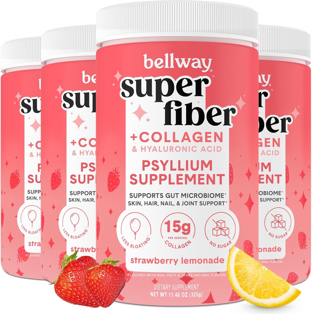 Bellway Super Fiber Powder + Collagen (4 Pack), Polvere senza zucchero Psyllium Husk con Peptidi di collagene per la salute del fegato, pelle sana, unghie, ossa e giunti, limonata di fragola (45,84 oz)