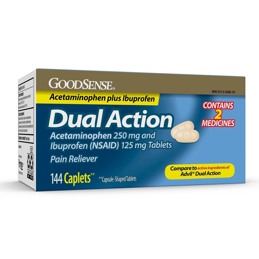GoodSense doppia azione Acetaminophen 250 mg e Ibuprofen (NSAID) 125 mg compresse, dolore Reliever per mal di testa sollievo, Artrite dolore sollievo e altro, 144 conte