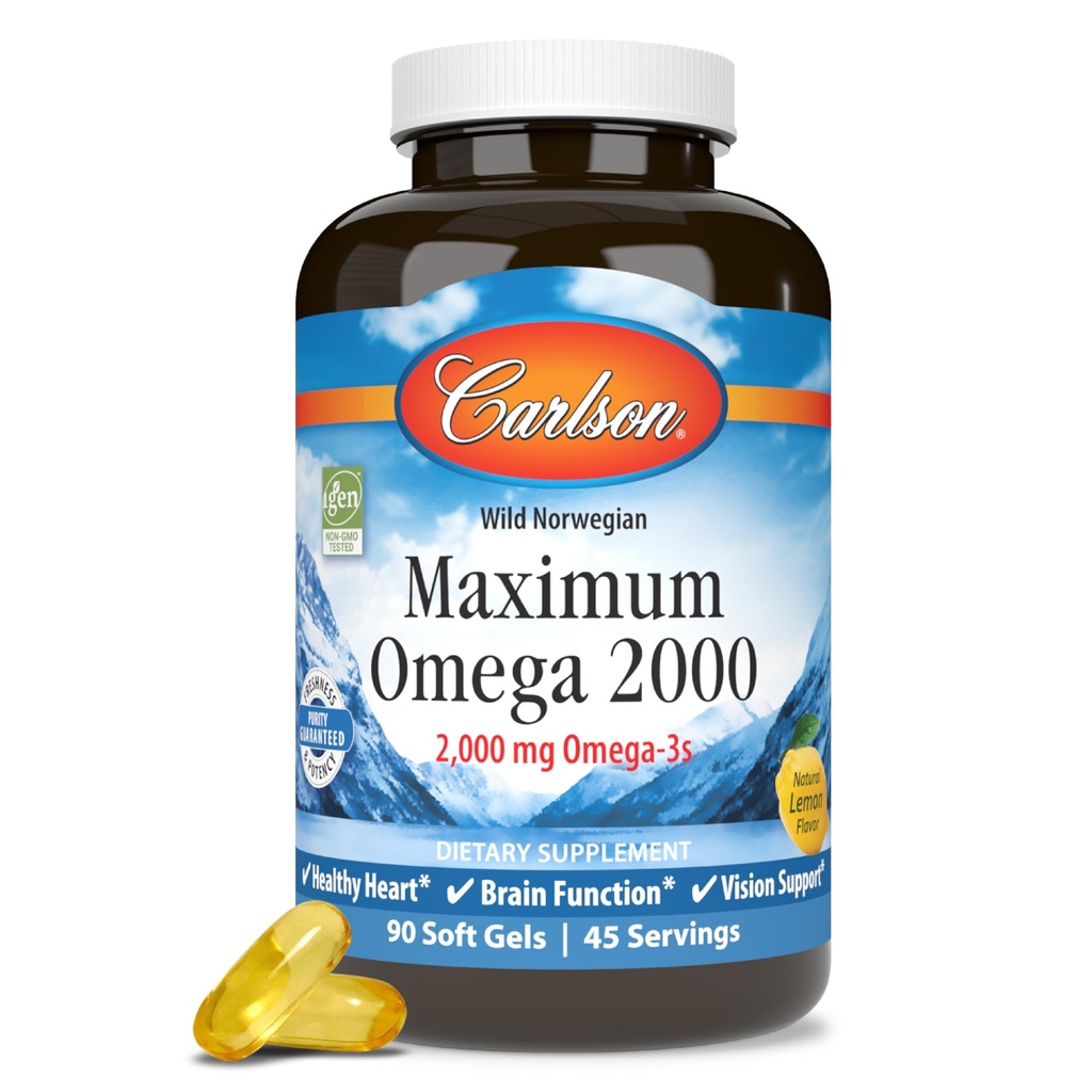 Carlson - Massimo Omega 2000, 2000 mg Omega-3, Cuore sano, Funzione cerebrale & Vision Support, Limone, 90 gel morbidi