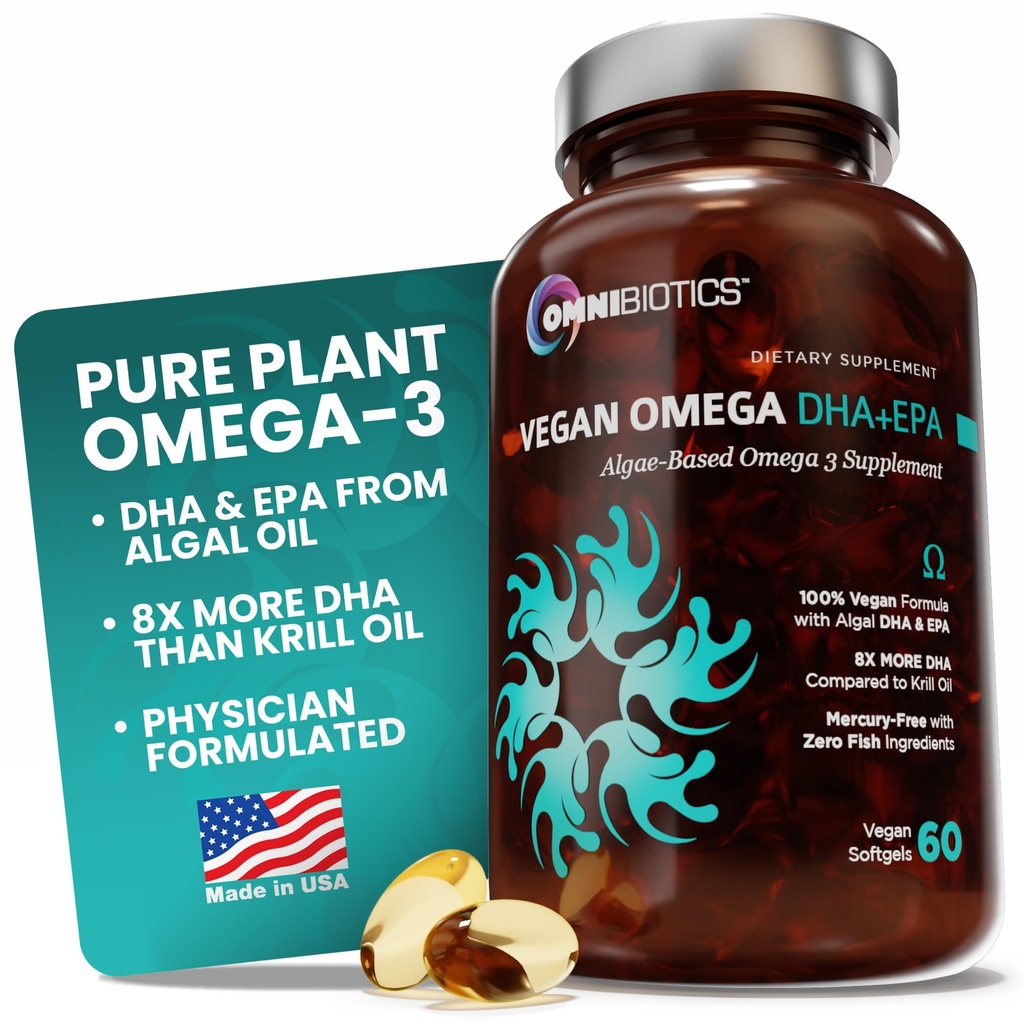 OmniBiotics Vegan Omega 3 DHA EPA Supplemento – MD-Certified Prenatal Supplement con 8X Più DHA che Krill olio, Fish-Free, Non-OGM – 60 capsule vegan
