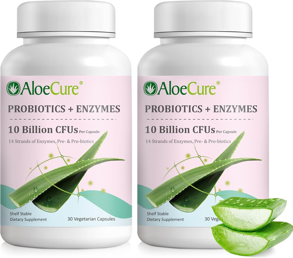 AloeCure Daily Probiotics 10 miliardi di CFU per il supporto digestivo 8 Strains, 6 Prebiotici e enzimi - Supplemento digestivo con Bromelain per le donne e gli uomini - Gut Support, Rilievo digestivo, 30 Caps x 2btls