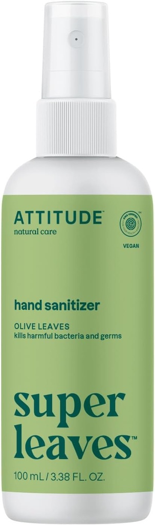 ATTITUDE Sanitizzatore a mano spray, EWG verificato, uccide Germs & Bacteria, Vegan & Plant-Based, sicuro per adulti e bambini, Olive Leaves Scent, 3.38 Fl Oz (bottiglia di cucina)