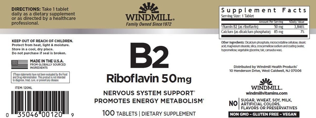 Mulino a vento Vitamina B-2 50 mg Compresse - 100 ea (2 Confezione)