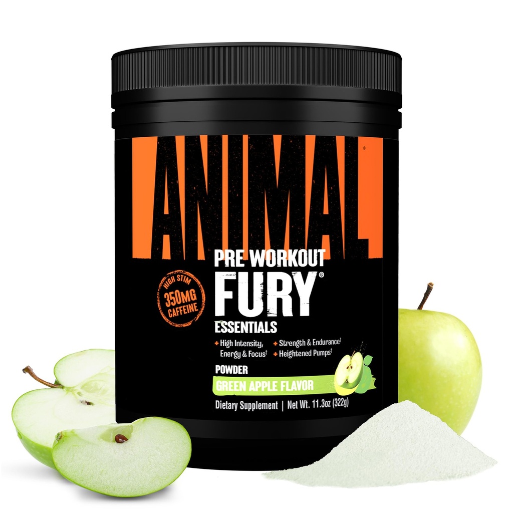 Animal Fury Pre Workout Powder - Mela Verde, 350mg Caffeina, Aminoacidi BCAA, 2g Beta Alanine, Citrulline & Tyrosine, Energia, Focus, Forza, Endurance, Preallenamento per uomini e donne, 20 Servings