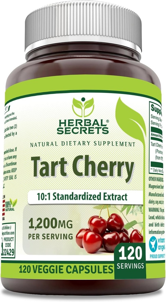 Herbal Secrets Tart Cherry 10:1 Standardized Extract Supplement | 1200 Mg Per Serving | 120 Veggie Capsule | Non-GMO | Gluten Free | Made in USA (1 pacchetto, 120 conte)