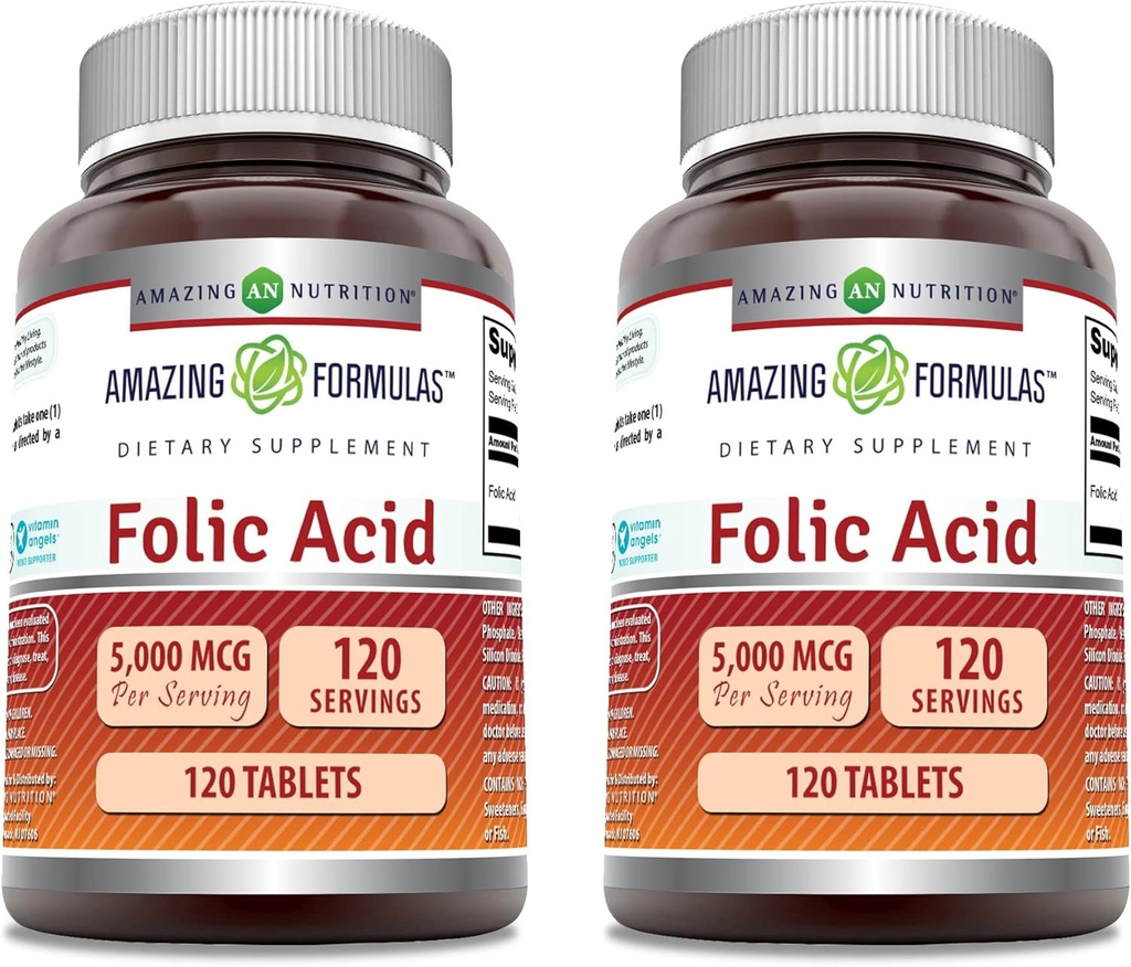 Incredibile Formulas Folic Acid Supplemento | 5000 Mcg | 120 compresse | Non OGM | Gluten Free | Made in USA (2 Pack)