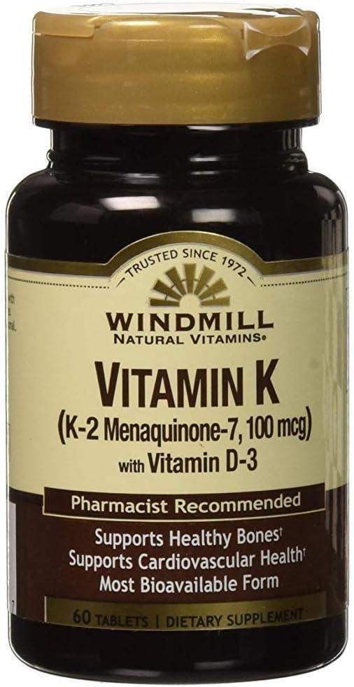 Vitamine naturali del mulino a vento Vitamina K (K-2 Menaquinone-7, 100mcg) 60 compresse (pacchetto di 1)