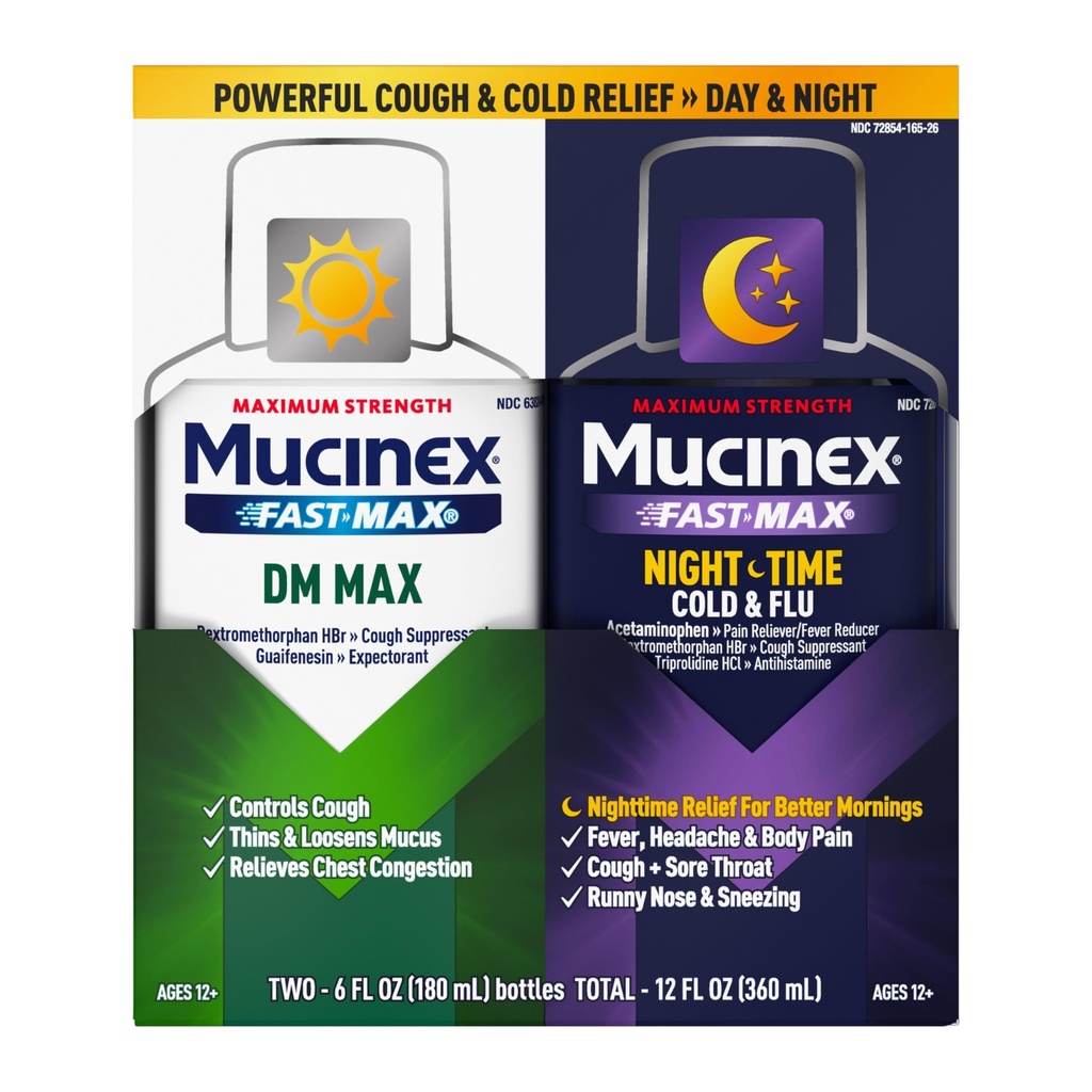Massima resistenza Mucinex FastMax DM Max & Mucinex Nightshift Cold & Flu Liquid (2 x 6 fl. oz.) Thins & Loosens Mucus, Relieves Cough & Chest Congestion, Dolore, Fever, Sneezing, Sore Throat, Runny Nose