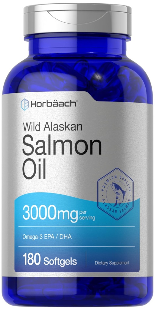 Horbäach Wild Alaskan Salmon Fish Oil | 180 Softgel Capsules | Gluten Free, Non-GMO | Alta potenza | Eccellente fonte di omega-3 acidi grassi EPA e DHA