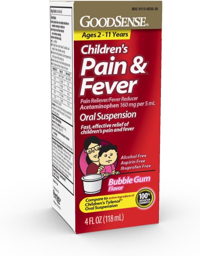 Liquido di recupero del dolore dei bambini di GoodSense, Gum di bolla Flavor, Acetaminophen 160 mg/5 mL, Riduttore di dolore efficace / Riduttore di febbre per i bambini età 2-11, 4 Oz