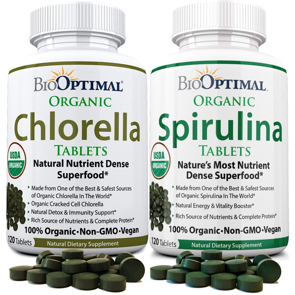 BioOptimal Chlorella Spirulina - Bundle - Organic Chorella Tablets & Organic Spirulina Tablets, 120 Count Every, Premium Quality 4 Organic Certifications