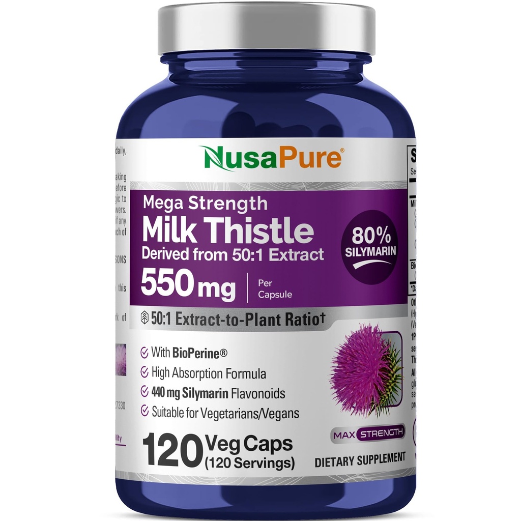 NusaPure Milk Thistle 50:1 Extract, 550 mg Equivalente a 27.500mg 120 capsule vegetali Non OGM, Vegan Max Strength - Standardized 80% Silymarin, Bioperine