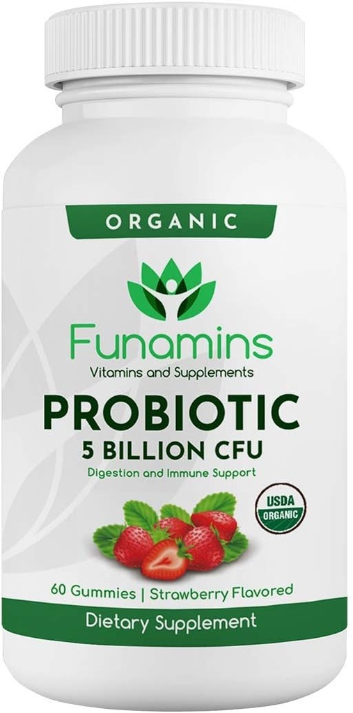 Gummie Probiotiche Organiche, 5 miliardi di CFU per Serving, 60 Conte, Vegan, Supporti Salute Digestiva e Difesa Immune, per Donne e Bambini; Aroma di Fragola
