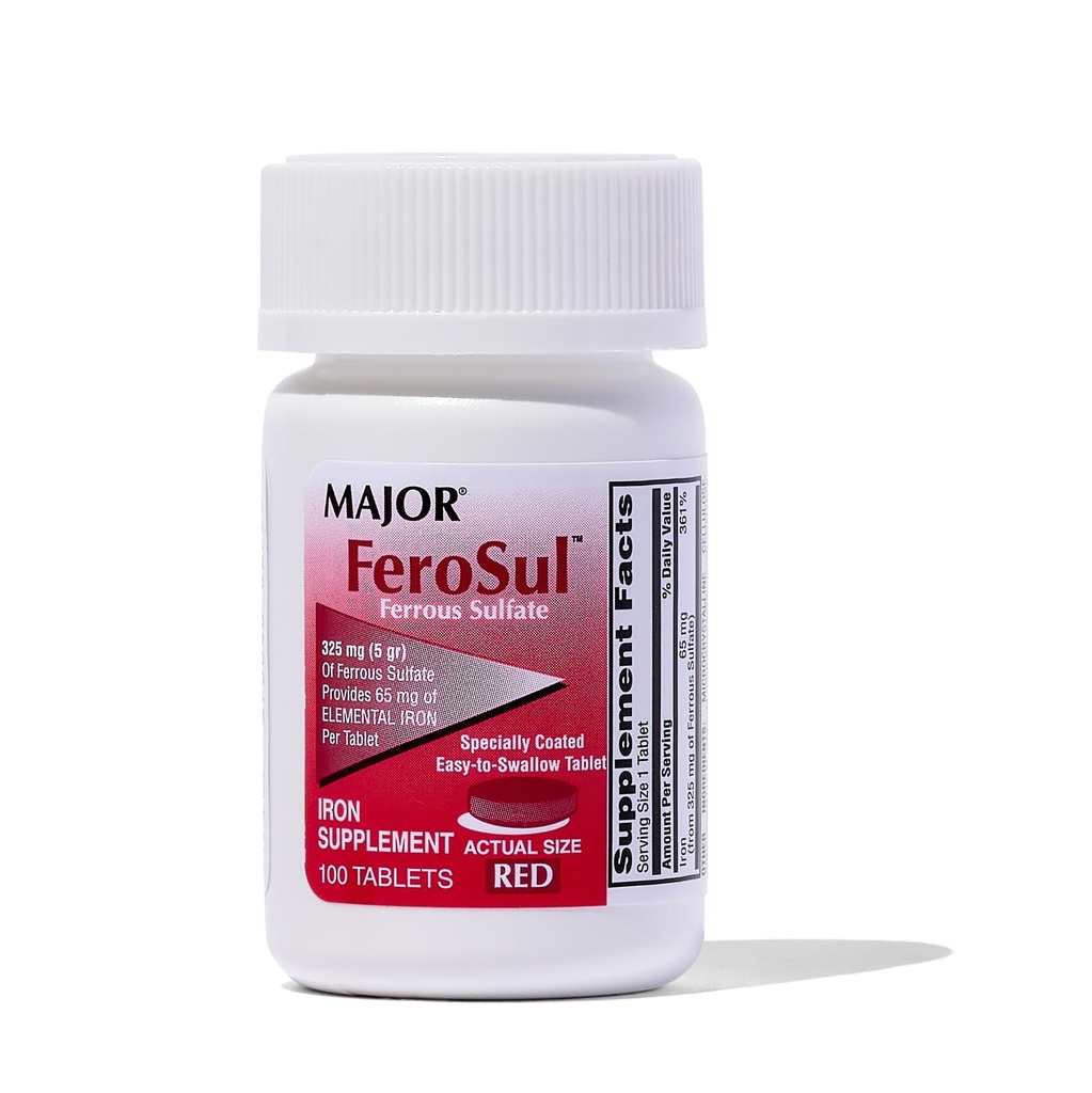 Major Ferosul - Ferrous Sulfate 325mg Tablets with 65mg of Elemental Iron - Iron Supplement for Women, Men - Red - 100 Tablets - Pack of 1