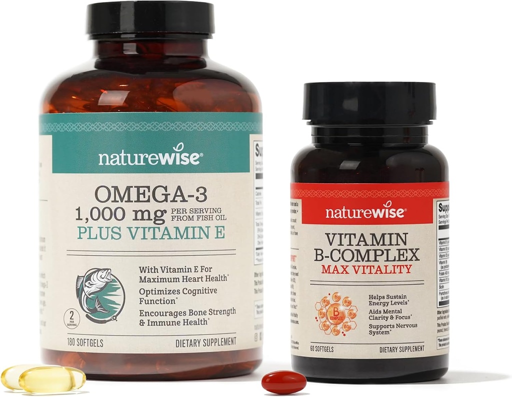 NatureWise 1000mg Omega 3 600mg EPA 400mg DHA con vitamina E 180ct & Vitamina B Complesso per energia cellulare 60 Softgels[2-Month]